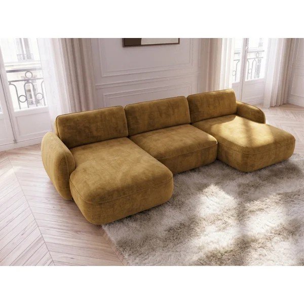 Divano angolare giallo allungabile/con contenitore (a U) con rivestimento in velluto Celeste – Bobochic Paris-image-2