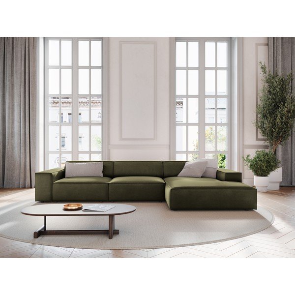 Divano angolare componibile color kaki (con penisola a destra/con chaise lounge) con rivestimento in velluto Jodie – Micadoni -image-1