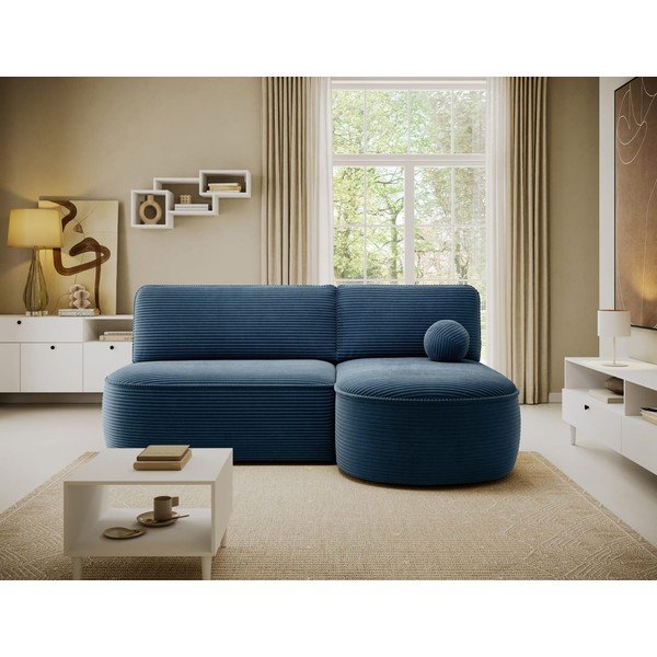 Divano angolare blu scuro allungabile/con contenitore (con penisola a destra/con chaise lounge) con rivestimento in velluto a coste Livosa – ELTAP-image-1