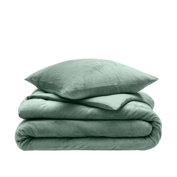 Set copripiumino e federa verde in microflanella per letto matrimoniale/per letto esteso 3 pezzi 240x220 cm Flanou – douceur d'intérieur