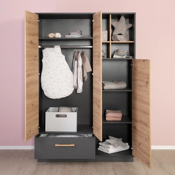 Armadio per bambini in rovere decorato in colore antracite-naturale 132x195 cm Lenn - Roba-image-1