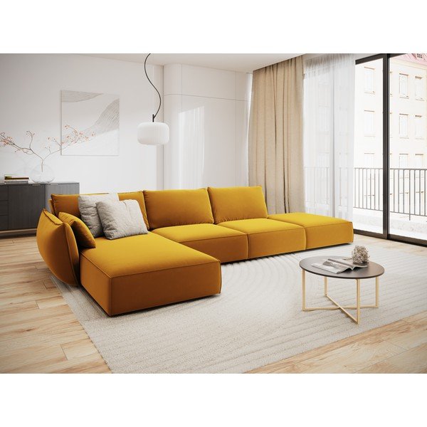 Divano angolare color senape (con penisola a sinistra/con chaise lounge) con rivestimento in velluto Vanda – Mazzini Sofas-image-1