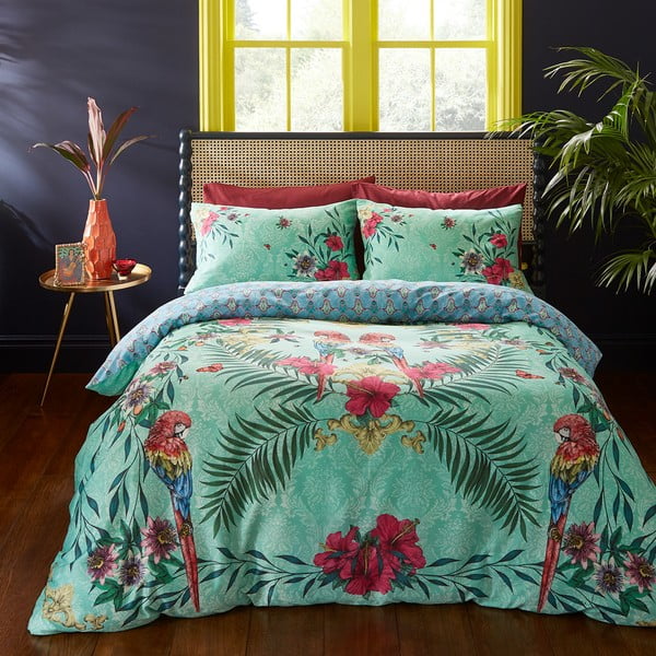 Set copripiumino e federa verde e blu in raso di cotone per letto matrimoniale e per letto esteso 230x220 cm Paradise Parrot – Matthew Williamson-image-1