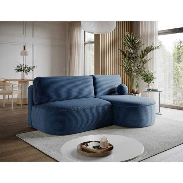 Divano angolare blu scuro allungabile/con contenitore (con penisola a destra/con chaise lounge) con rivestimento in velluto a coste Livosa – ELTAP-image-4