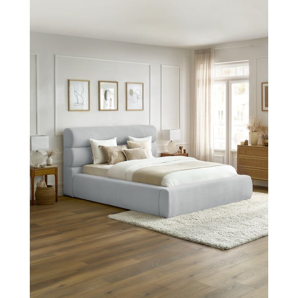 Letto matrimoniale imbottito grigio chiaro con contenitore con griglia 180x200 cm Jagna - Bobochic Paris-image-1