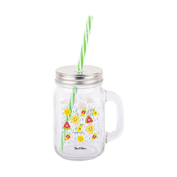 Skleněná mason jar s brčkem Tantitoni Happy Fruits, 475 ml