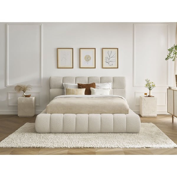 Letto matrimoniale imbottito beige contenitore e rete inclusi 180x200 cm Mont Blanc - Bobochic Paris-image-1