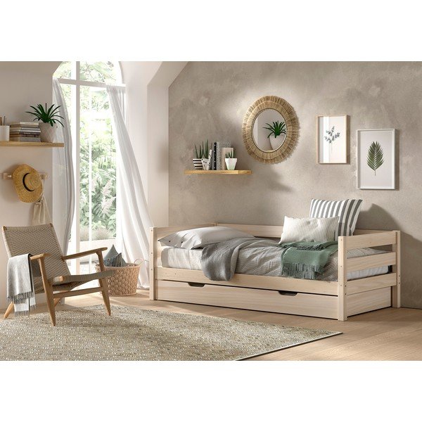 Letto da bambini estraibile di colore naturale in pino massiccio con rete inclusa 90x200 cm Margrit – Vipack-image-1