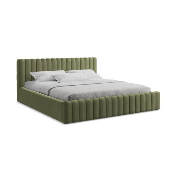 Letto matrimoniale imbottito verde con contenitore con rete inclusa 160x200 cm Lemi – Makamii