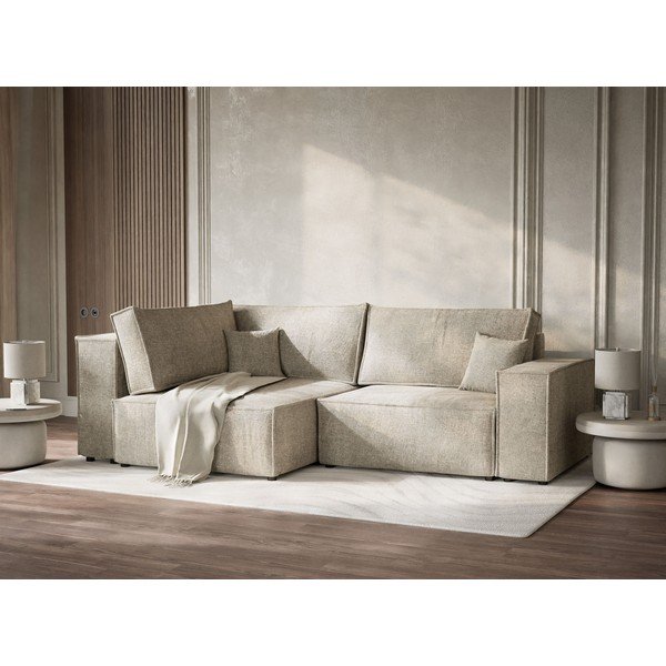 Divano angolare beige allungabile/con contenitore (con penisola a sinistra/a L) con rivestimento in ciniglia Tonga – Maison de Rêve-image-4