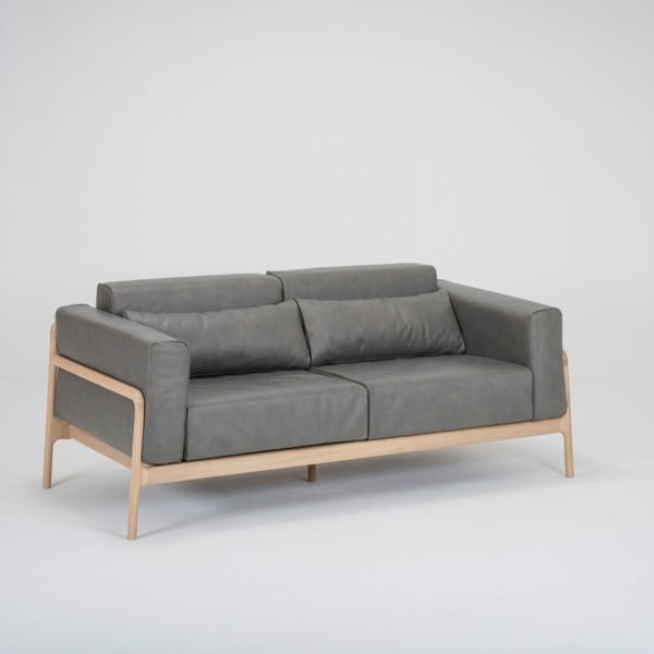 Divano in pelle di bufalo grigio scuro con struttura in rovere massiccio , 180 cm Fawn - Gazzda-image-1
