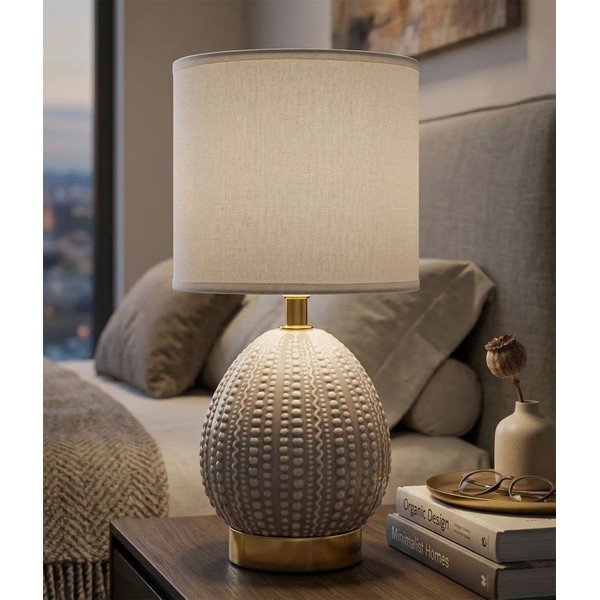 Lampada da tavolo grigio chiaro in ceramica con paralume in tessuto (altezza totale 30,5 cm) Flavi – Mauro Ferretti-image-1