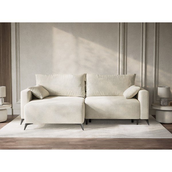Divano angolare color crema allungabile/con contenitore (con penisola a sinistra/con chaise lounge) con rivestimento in ciniglia Leon – Maison de Rêve-image-1