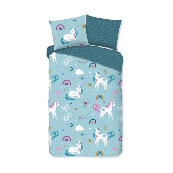 Set copripiumino e federa da bambini blu in flanella per letto singolo ed esteso 140x220 cm Snowycorn – Good Morning