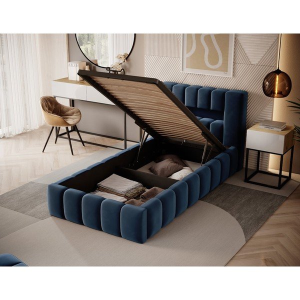 Letto singolo imbottito blu scuro con contenitore con rete inclusa 90x200 cm Lamica – ELTAP-image-2