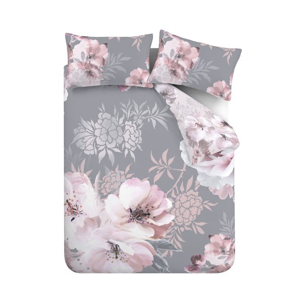 Set copripiumino e federa rosa e grigio per letto matrimoniale e per letto esteso 230x220 cm Dramatic Floral – Catherine Lansfield