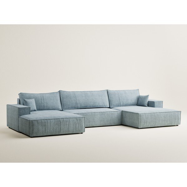 Divano angolare azzurro allungabile/con contenitore (a U) con rivestimento in ciniglia Kyoto – Maison de Rêve-image-2