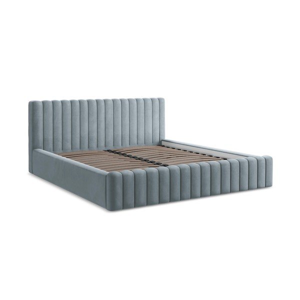 Letto matrimoniale imbottito azzurro con contenitore con rete inclusa 160x200 cm Lemi – Makamii-image-2