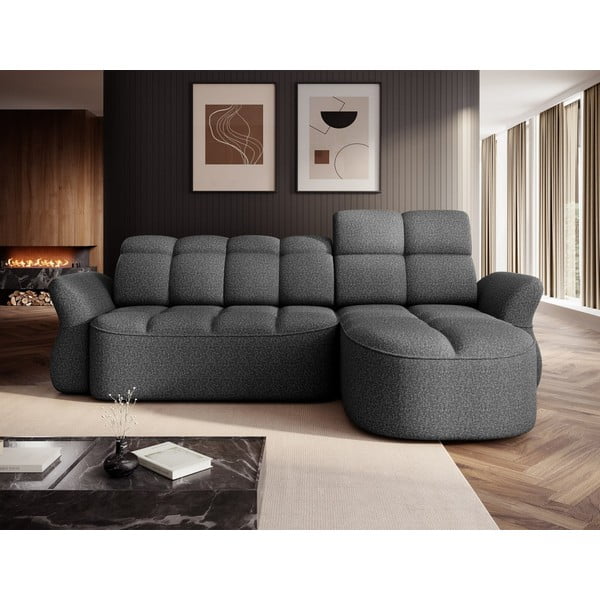 Divano angolare grigio scuro allungabile/con contenitore (con penisola a destra/con chaise lounge) e rivestimento in velluto Beneth – ELTAP-image-1