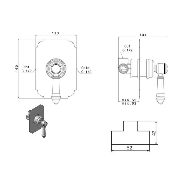 Rubinetto per doccia color bronzo da incasso (con una uscita) Vienna – Sapho-image-1