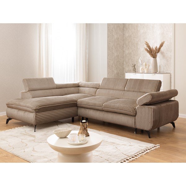 Divano angolare marrone (con penisola a sinistra/a L) con rivestimento in velluto a coste Marbeya  – Ropez-image-1