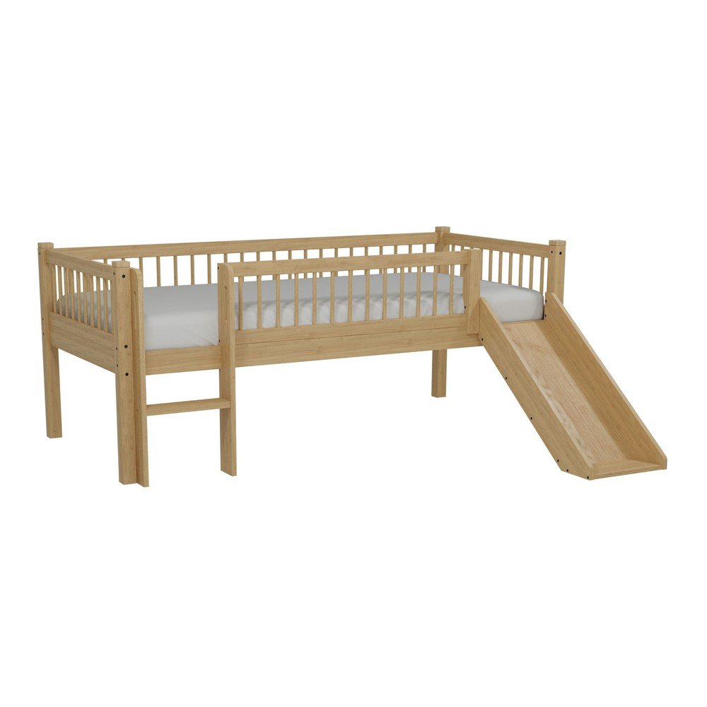 Letto da bambini rialzato di colore naturale in faggio massiccio con scivolo con rete inclusa 90x200 cm Forrest – Vipack | Letti per bambini