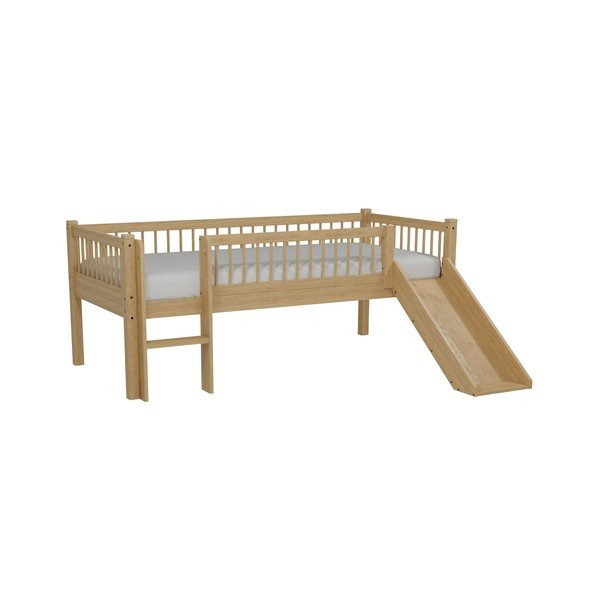 Letto da bambini rialzato di colore naturale in faggio massiccio con scivolo con rete inclusa 90x200 cm Forrest – Vipack