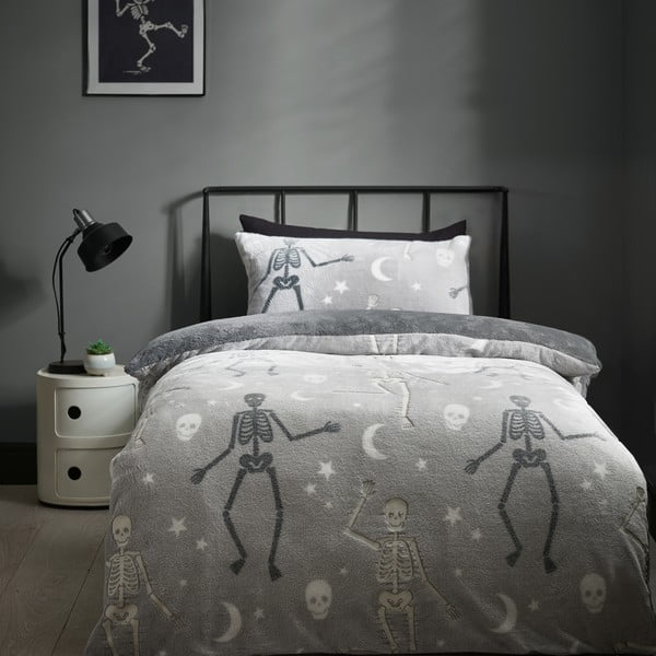 Biancheria da letto per bambini con effetto fosforescente grigia in micropile per letto singolo 135x200 cm Halloween Skeleton – Catherine Lansfield-image-2