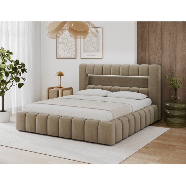 Letto matrimoniale imbottito marrone chiaro con contenitore con rete inclusa 160x200 cm Lamica – ELTAP-image-2