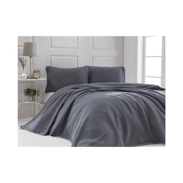 Set di copriletto matrimoniale e 2 federe in cotone antracite Sal, 220 x 240 cm - Mijolnir