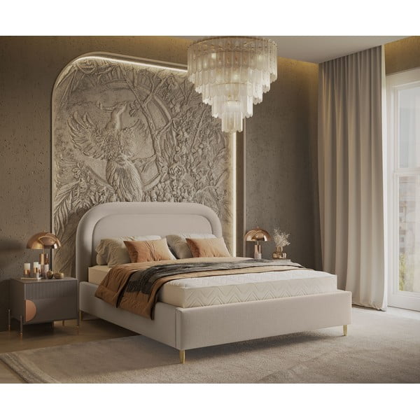 Letto matrimoniale imbottito beige con spazio contenitivo e rete 140x200 cm Mija - Maison de Rêve-image-1