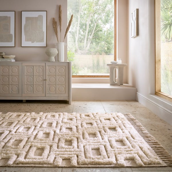 Tappeto beige/color crema in lana tessuto a mano 120x170 cm Greek Key – Flair Rugs-image-1