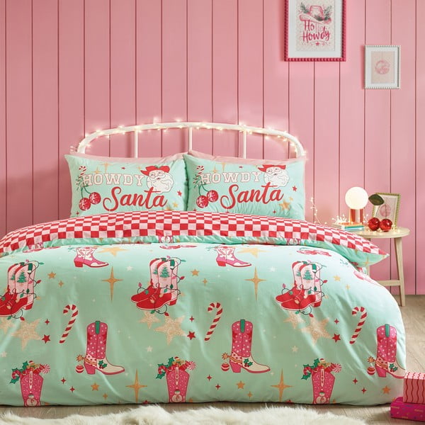 Set copripiumino e federa verde e rosa per letto singolo 135x200 cm Santa's Howdy Christmas – Catherine Lansfield-image-1