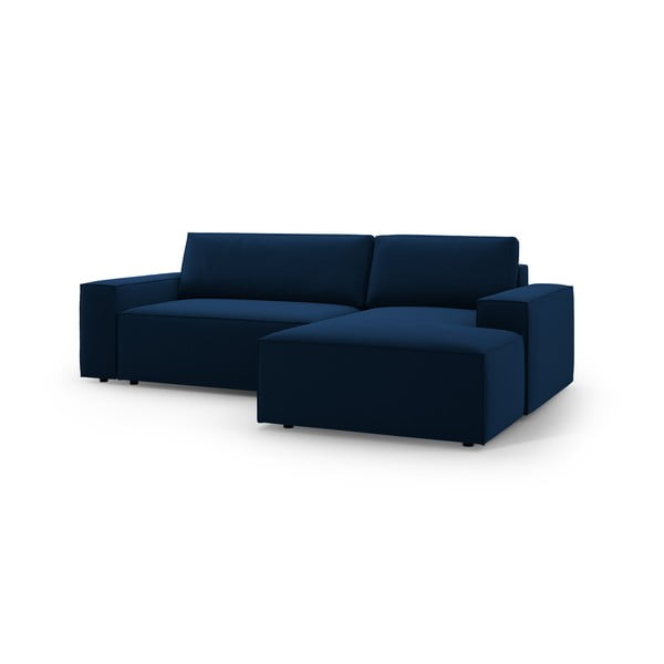 Divano angolare blu scuro allungabile/con contenitore (con penisola a destra/con chaise lounge) con rivestimento in velluto Jodie – Micadoni -image-2