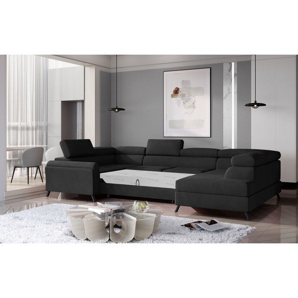 Divano angolare grigio scuro allungabile/con contenitore (con penisola a destra/a U) e rivestimento in velluto Escada – ELTAP-image-2