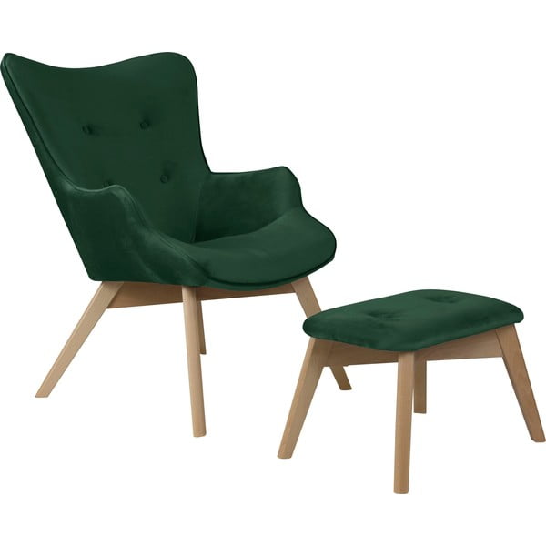 Poltrona con poggiapiedi verde scuro con rivestimento in velluto Niko – Ropez