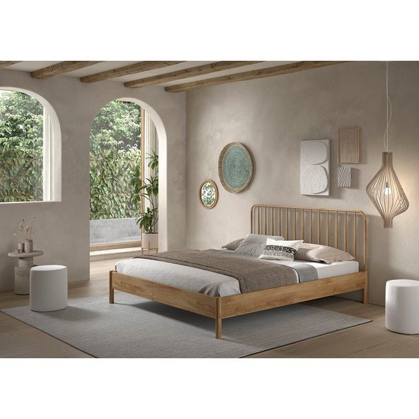 Letto matrimoniale di colore naturale in rovere massiccio rete non inclusa 180x200 cm Olive Spindle – Vipack-image-1