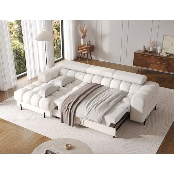 Divano angolare color crema allungabile/con contenitore (con penisola a sinistra/con chaise lounge) con rivestimento in bouclé Felro – ELTAP-image-4