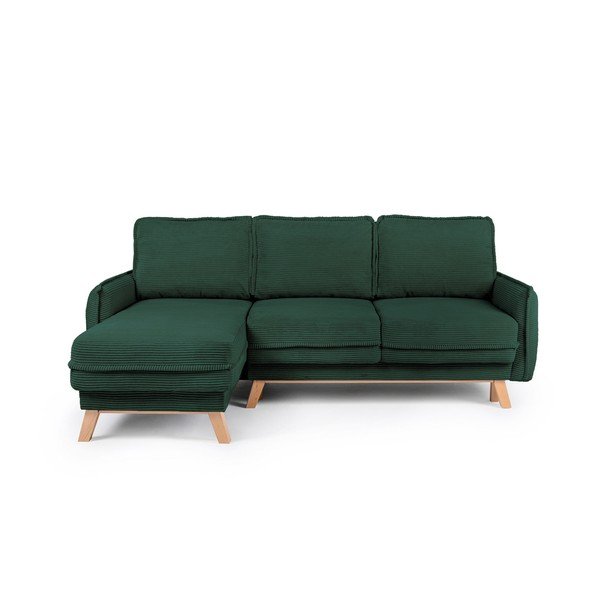 Divano angolare verde scuro allungabile/con contenitore con rivestimento in velluto a coste Tori – Bonami Selection