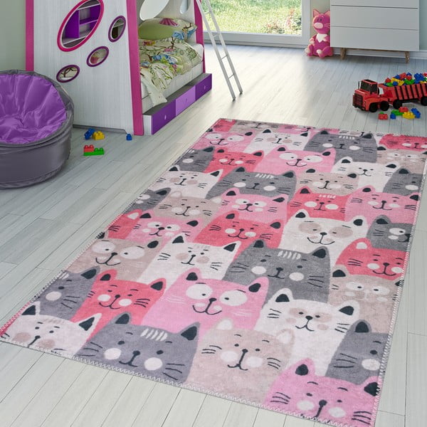 Tappeto rosa e grigio per bambini 120x180 cm Silly Cats - Vitaus-image-1