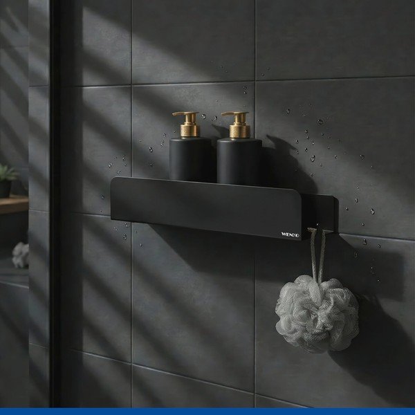 Mensola da bagno senza foratura nera in acciaio inox con aggancio Turbo-loc Lizan – Wenko-image-2