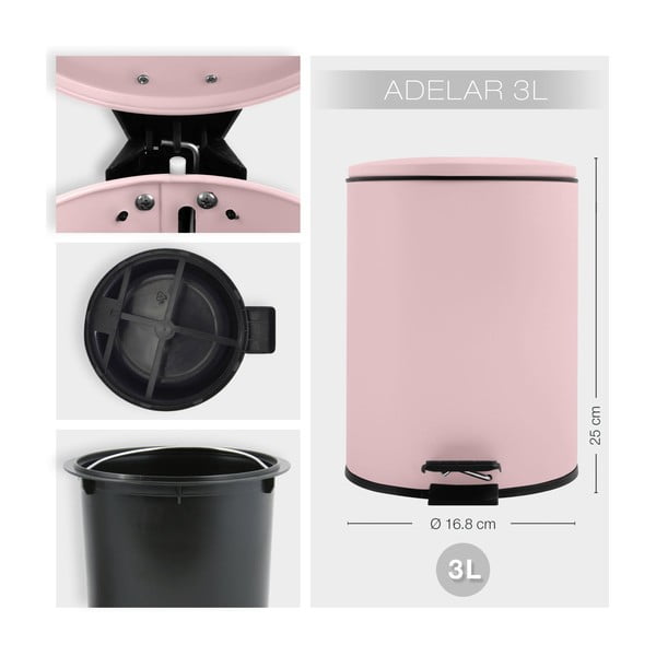 Cestino per la spazzatura rosa in acciaio con pedale 3 l   Adelar – Spirella-image-3