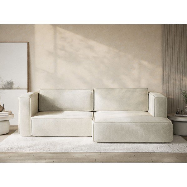 Divano angolare color crema allungabile/con contenitore (con penisola a destra/con chaise lounge) con rivestimento in ciniglia Velto – Maison de Rêve-image-1