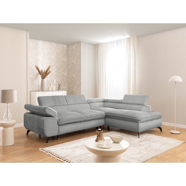 Divano angolare grigio chiaro (con penisola a destra/a L) con rivestimento in velluto a coste Marbeya  – Ropez-image-1