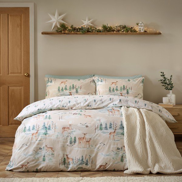 Set copripiumino e federa di colore naturale in flanella per letto singolo 135x200 cm Brushed Christmas Deer – Catherine Lansfield