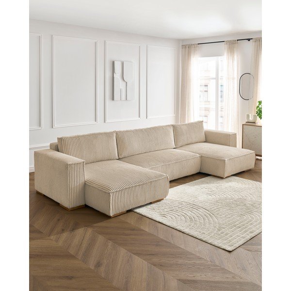 Divano angolare marrone chiaro allungabile e con contenitore (a U) con rivestimento in velluto a coste Chelsea – Bobochic Paris-image-1