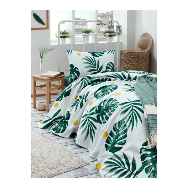 Set con copriletto e federa bianco/verde con rivestimento trapuntato 200x220 cm Kapitone Monstera – Mijolnir-image-1