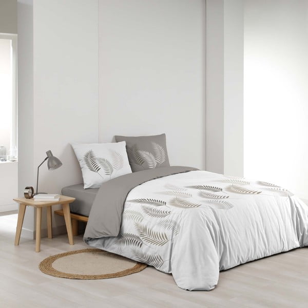 Set copripiumino e federa bianco e grigio tortora in cotone per letto matrimoniale e per letto esteso 240x220 cm Goyave – douceur d'intérieur-image-2