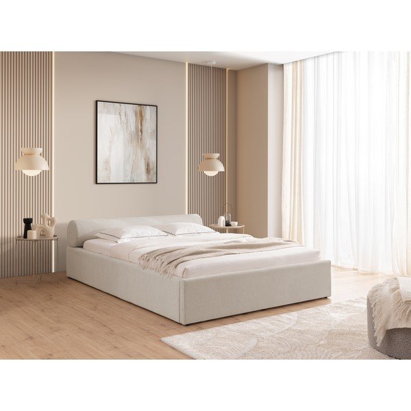 Letto matrimoniale imbottito beige con contenitore con rete inclusa 200x200 cm Cille – Ropez-image-1