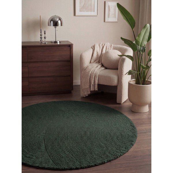 Tappeto rotondo verde scuro in lana tessuto a mano ø 120 cm Calmio – Hanse Home-image-1